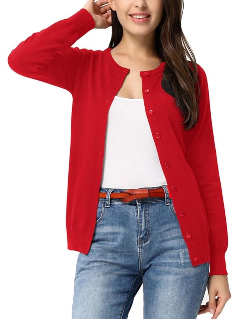 🆕Women's Dark Red Crew-neck Knit Cardigan Sweater Lightweight Button Up